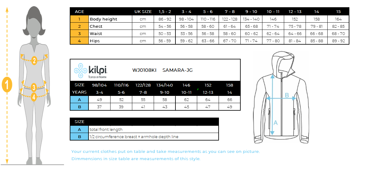 Giacca da sci da ragazza Kilpi SAMARA-JG – Size chart