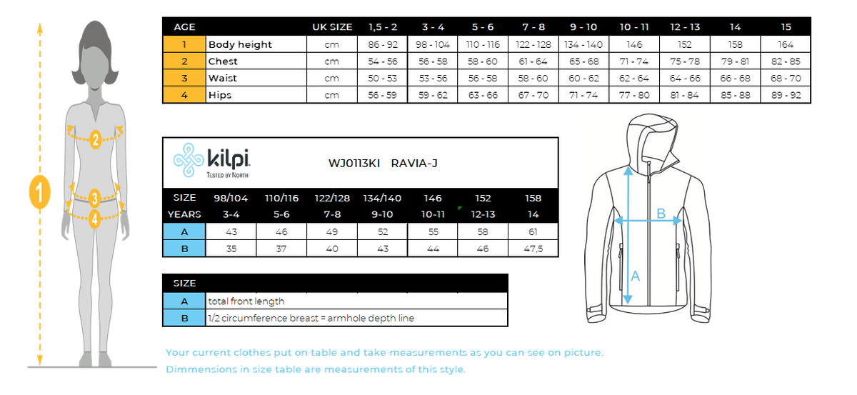 Kid's softshell jacket Kilpi RAVIA-J – Size chart