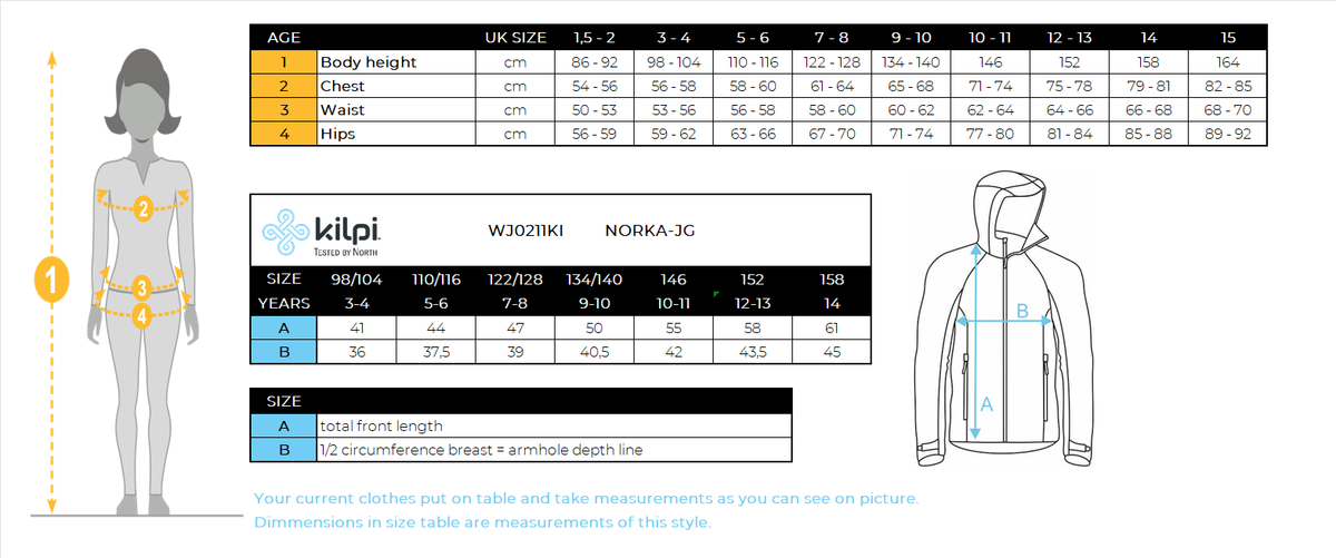 Girl's hairy fleece hoodie Kilpi NORKA-JG – Size chart