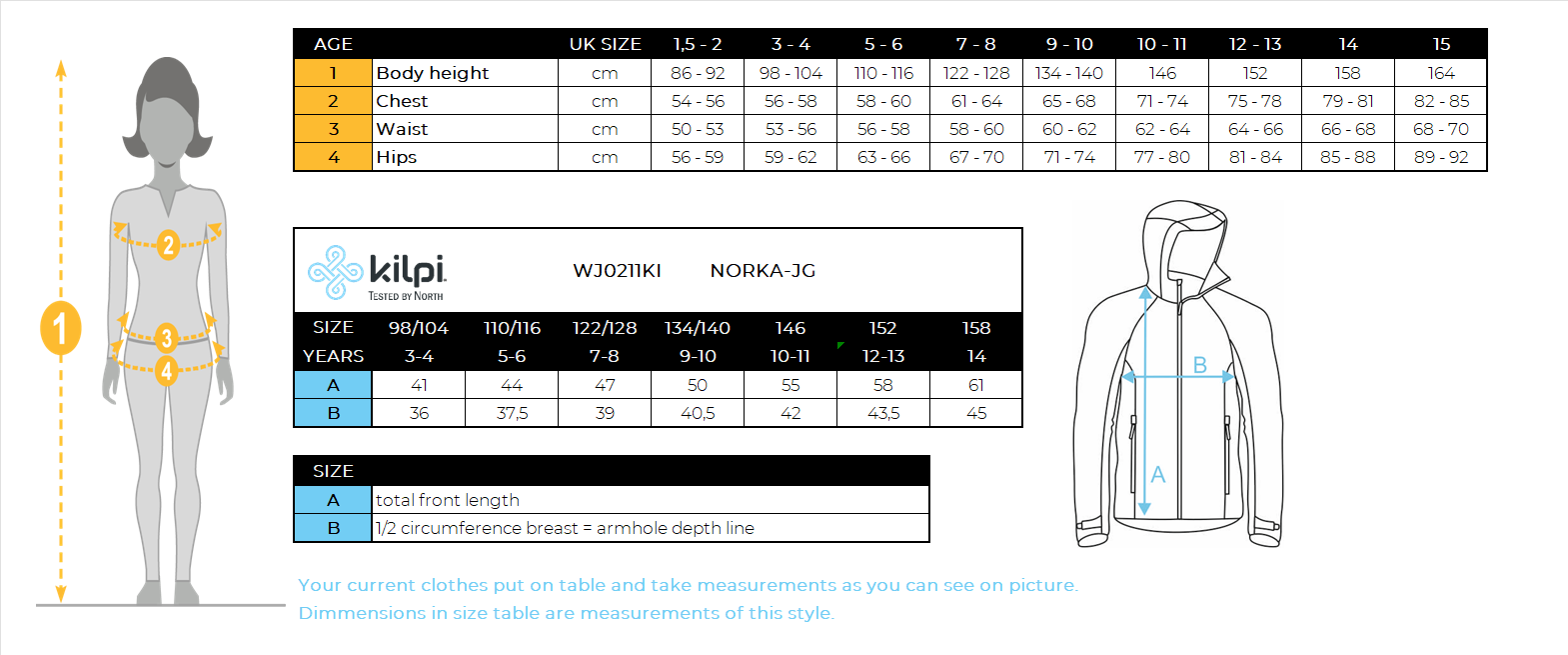 Girl's hairy fleece hoodie Kilpi NORKA-JG – Size chart