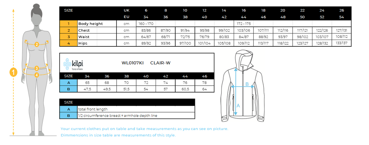 DONNALa giacca da sci di con riscaldamento integrato Kilpi CLAIR-W – Size chart