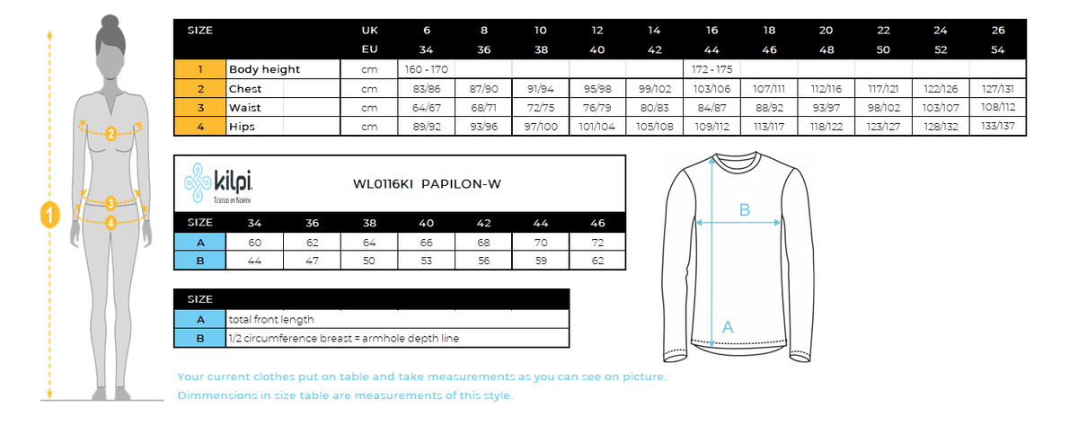 Women's down jacket Kilpi PAPILON-W – Size chart