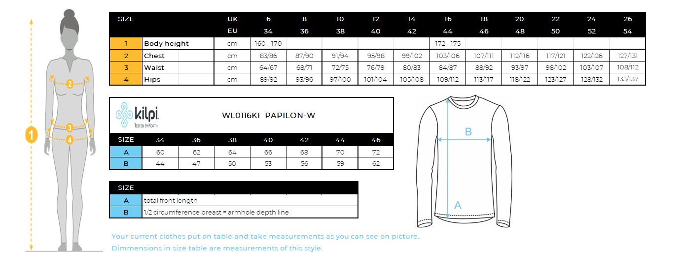 Women's down jacket Kilpi PAPILON-W – Size chart