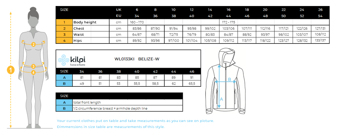 Women's winter coat Kilpi BELIZE-W – Size chart