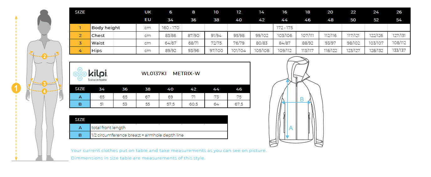 Women's waterproof outdoor jacket Kilpi METRIX-W – Size chart