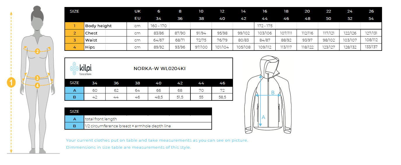 Women's hairy fleece hoodie Kilpi NORKA-W – Size chart