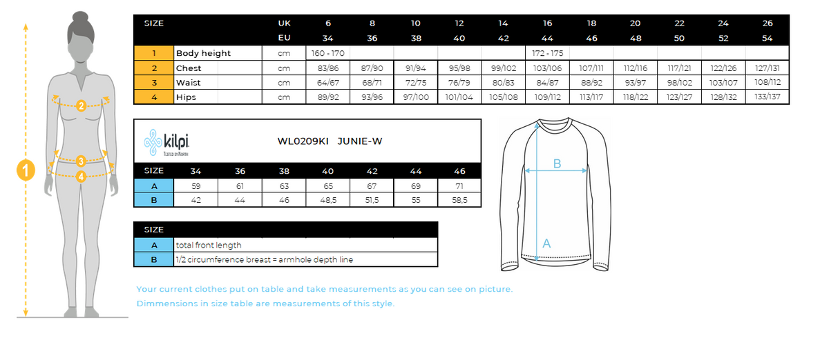 Women's functional sweatshirt Kilpi JUNIE-W – Size chart
