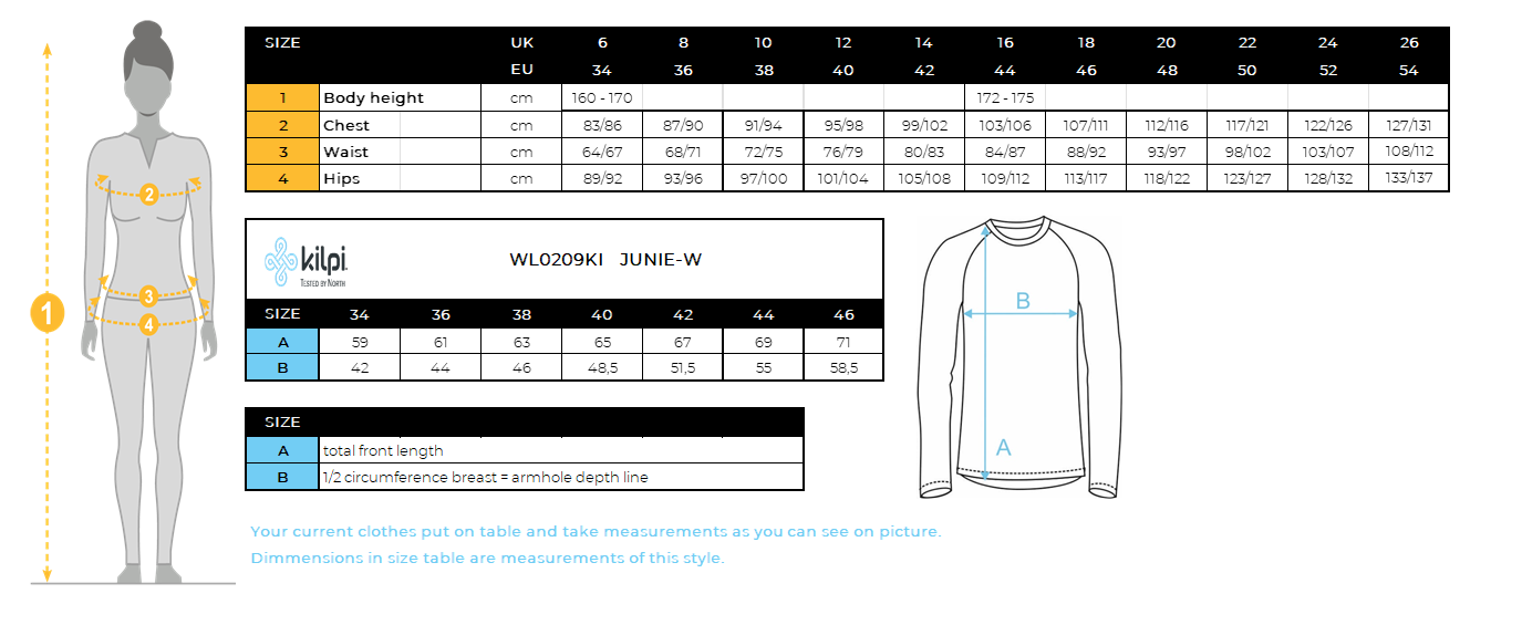 Women's functional sweatshirt Kilpi JUNIE-W – Size chart
