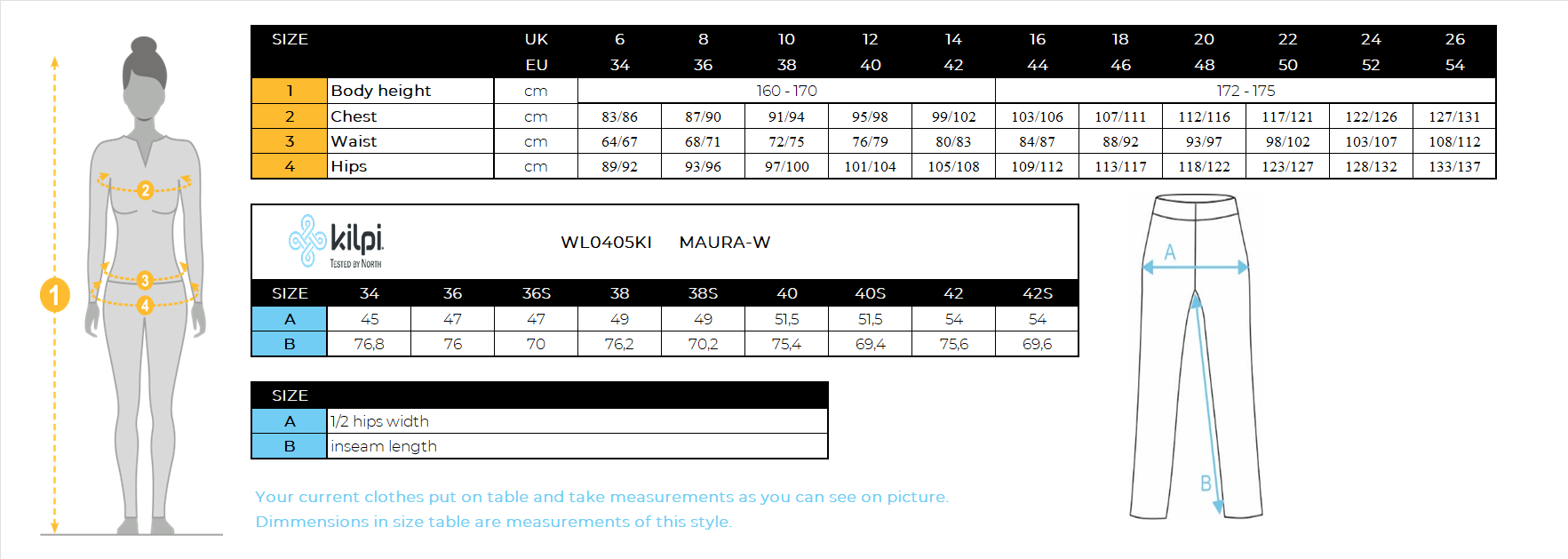 Women's ski softshell pants Kilpi MAURA-W – Size chart