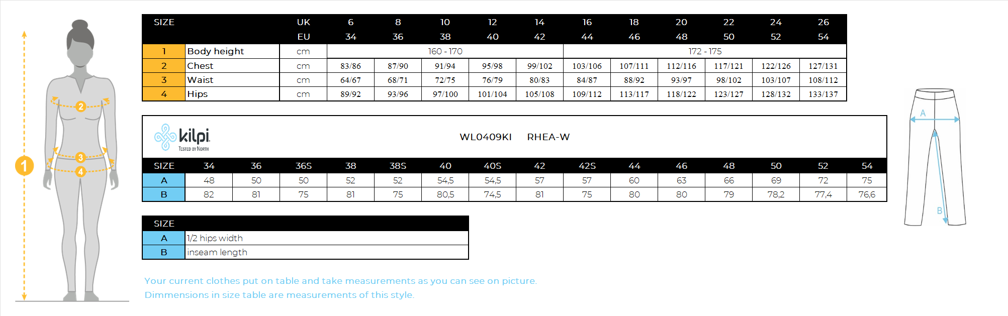 Women's softshell ski pants Kilpi RHEA-W – Size chart