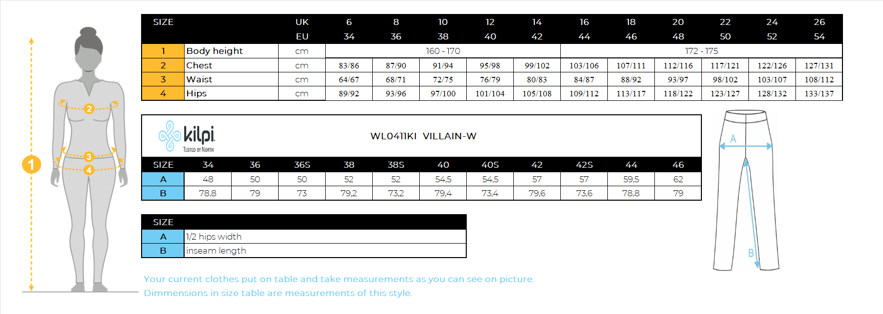DONNAi pantaloni da esterno Kilpi VILLAIN-W – Size chart