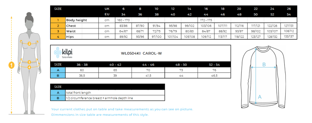 Women's seamless thermal long-sleeve T-shirt Kilpi CAROL-W – Size chart