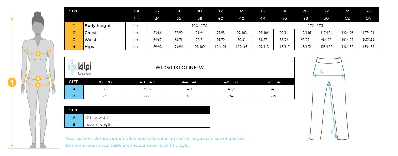 DONNALa biancheria intima termica senza cuciture di Kilpi OLINE-W – Size chart