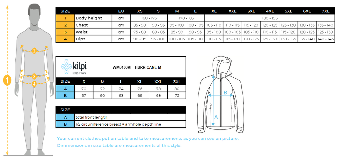 UOMOLa giacca hardshell impermeabile di Kilpi HURRICANE-M – Size chart