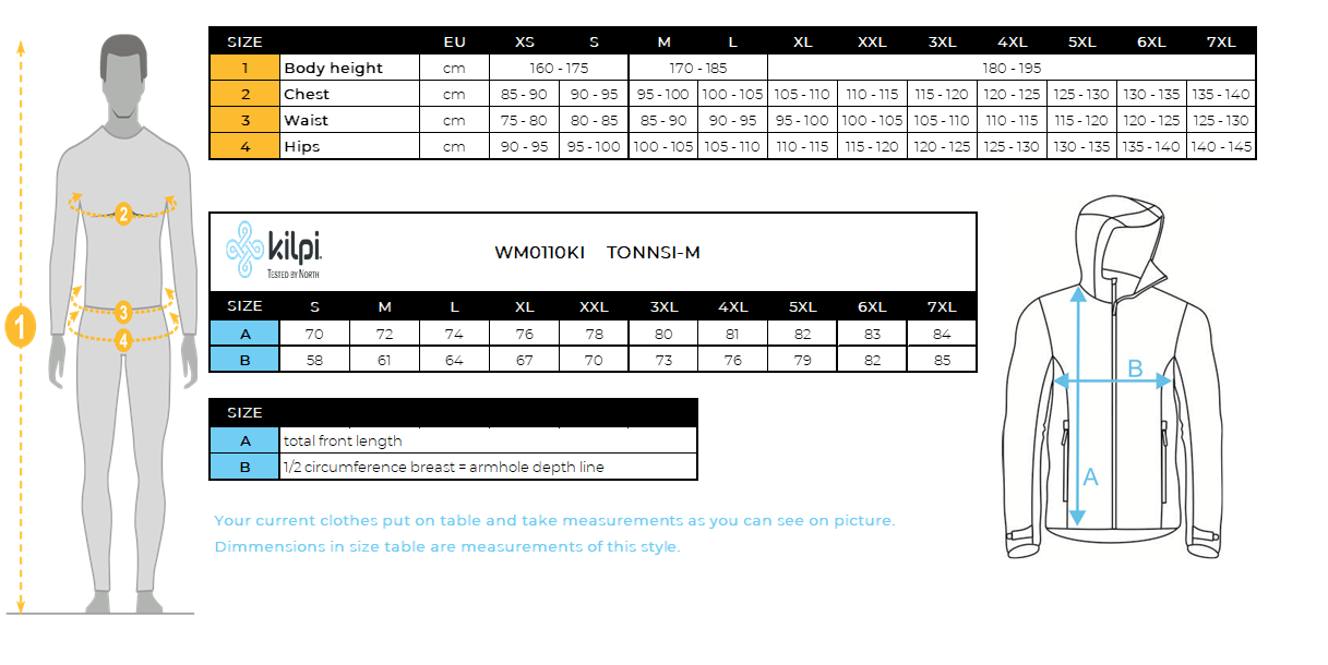 UOMOla giacca da sci Kilpi TONNSI-M – Size chart