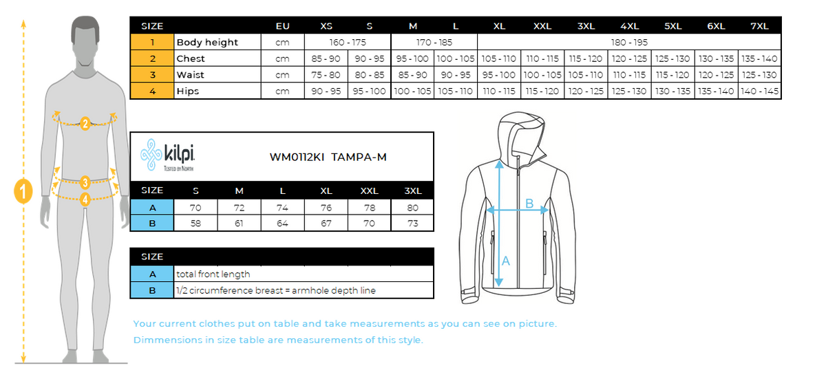 UOMOla giacca da sci Kilpi TAMPA-M – Size chart