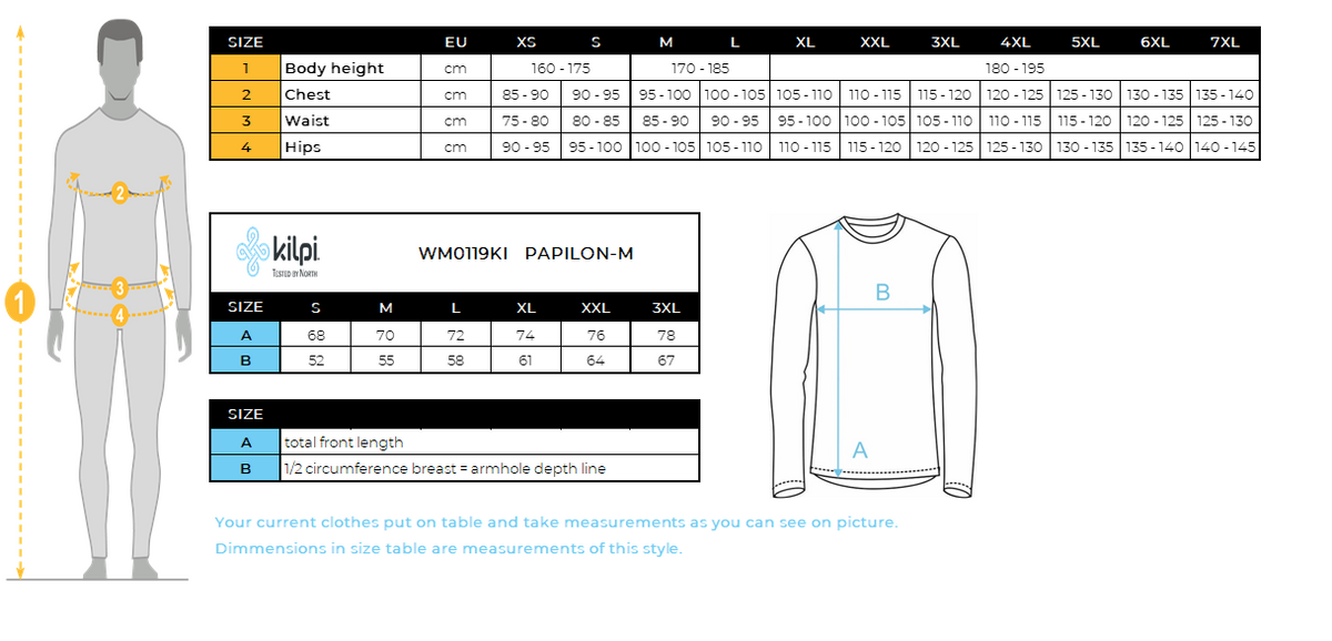 UOMOil piumino Kilpi PAPILON-M – Size chart