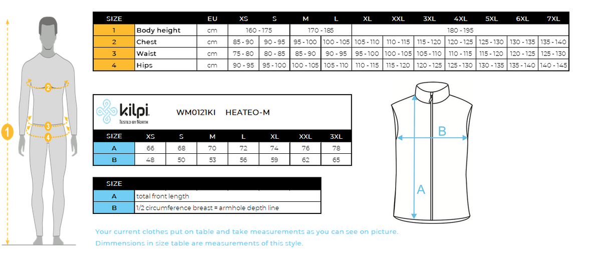 UOMOil giubbotto isolante Kilpi HEATEO-M – Size chart