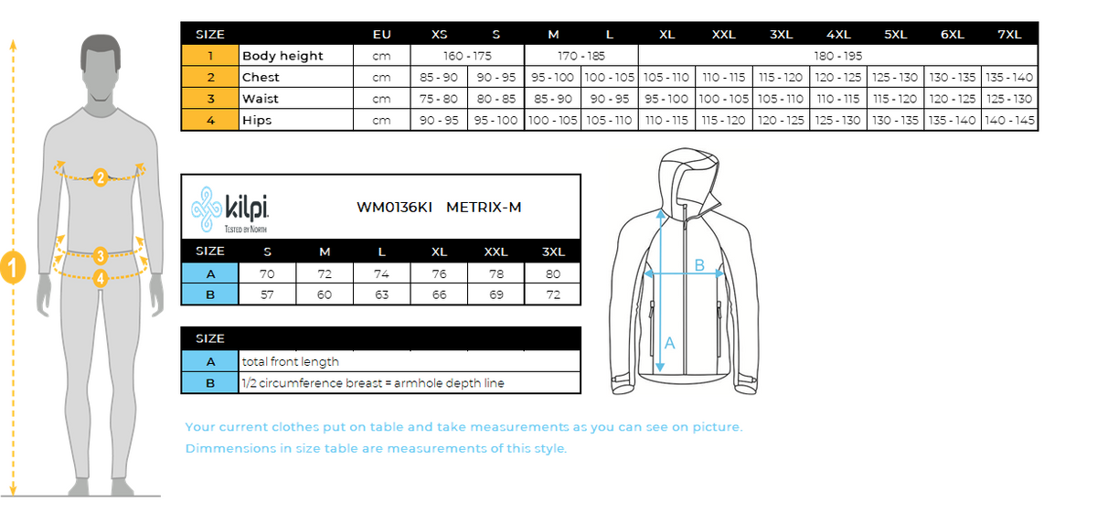 UOMOLa giacca outdoor impermeabile di Kilpi METRIX-M – Size chart