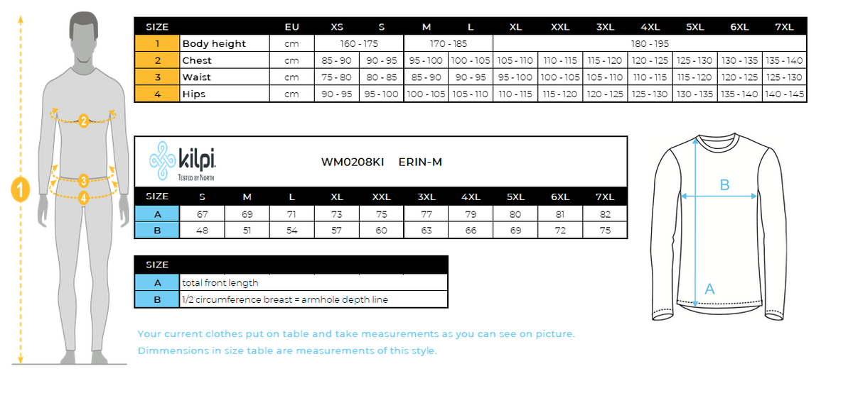 Men's functional sweatshirt Kilpi ERIN-M – Size chart