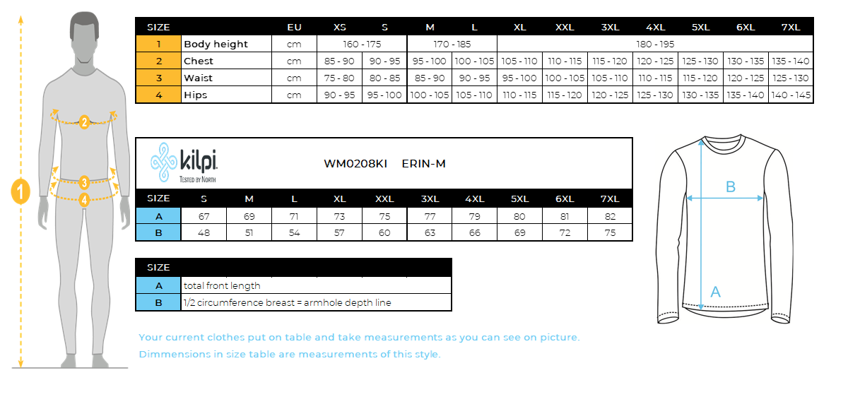Men's functional sweatshirt Kilpi ERIN-M – Size chart