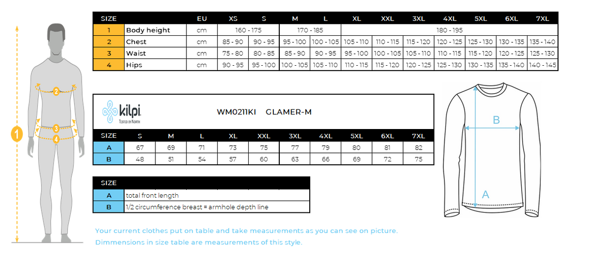 Men's fleece sweatshirt Kilpi GLAMER-M – Size chart