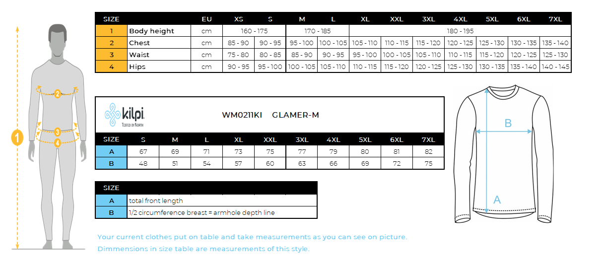 Men's fleece sweatshirt Kilpi GLAMER-M – Size chart