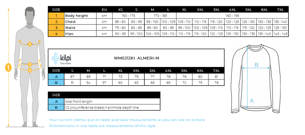 Pile da uomo middle layer Kilpi ALMERI-M – Size chart