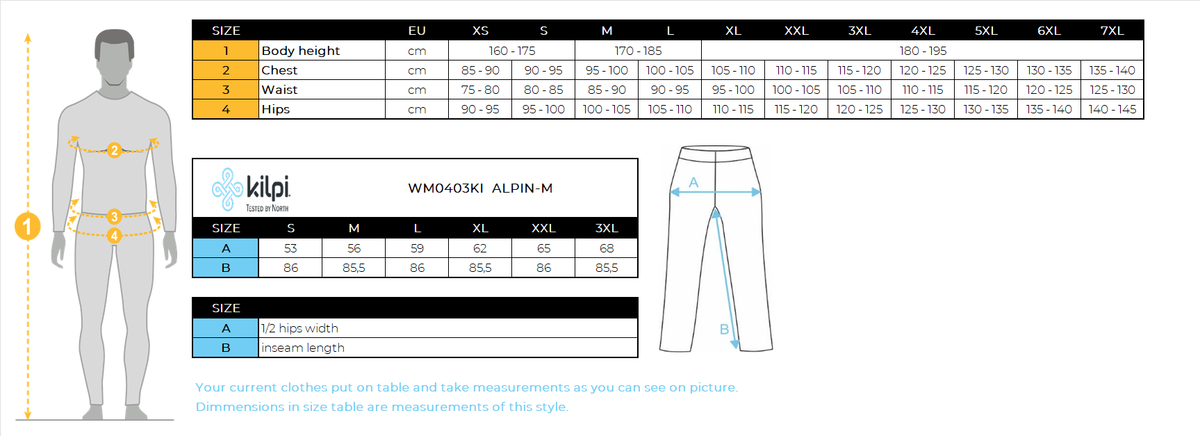UOMOI pantaloni rigidi impermeabili di Kilpi ALPIN-M – Size chart