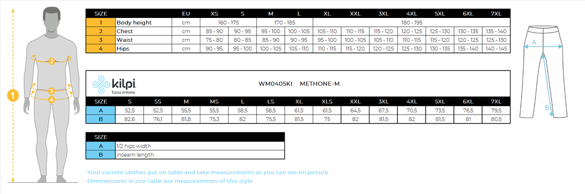 UOMOi pantaloni da sci Kilpi METHONE-M – Size chart