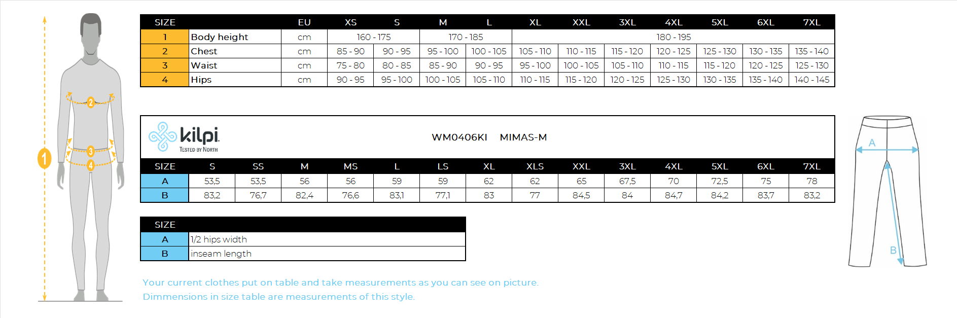 Men's ski pants Kilpi MIMAS-M – Size chart