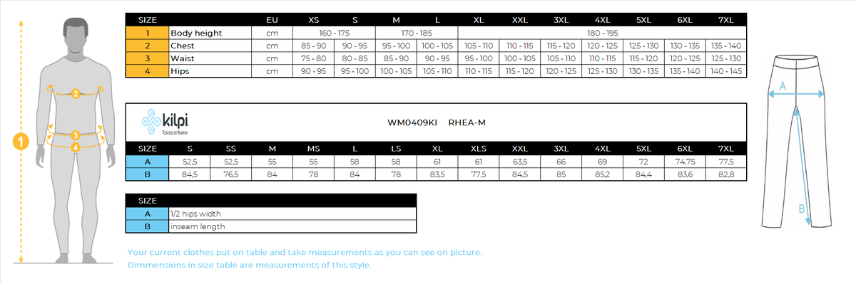 Men's ski softshell pants Kilpi RHEA-M – Size chart