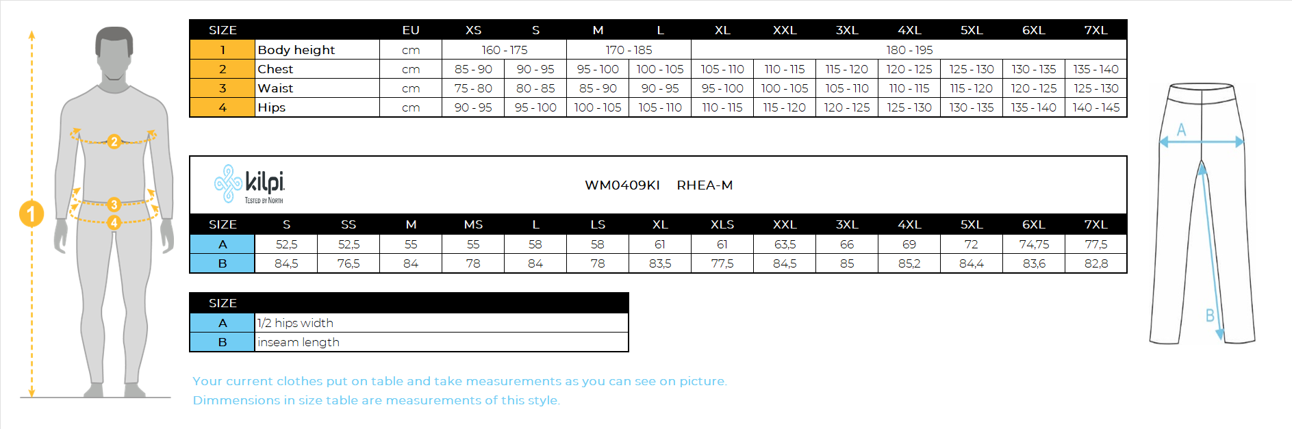 Men's ski softshell pants Kilpi RHEA-M – Size chart