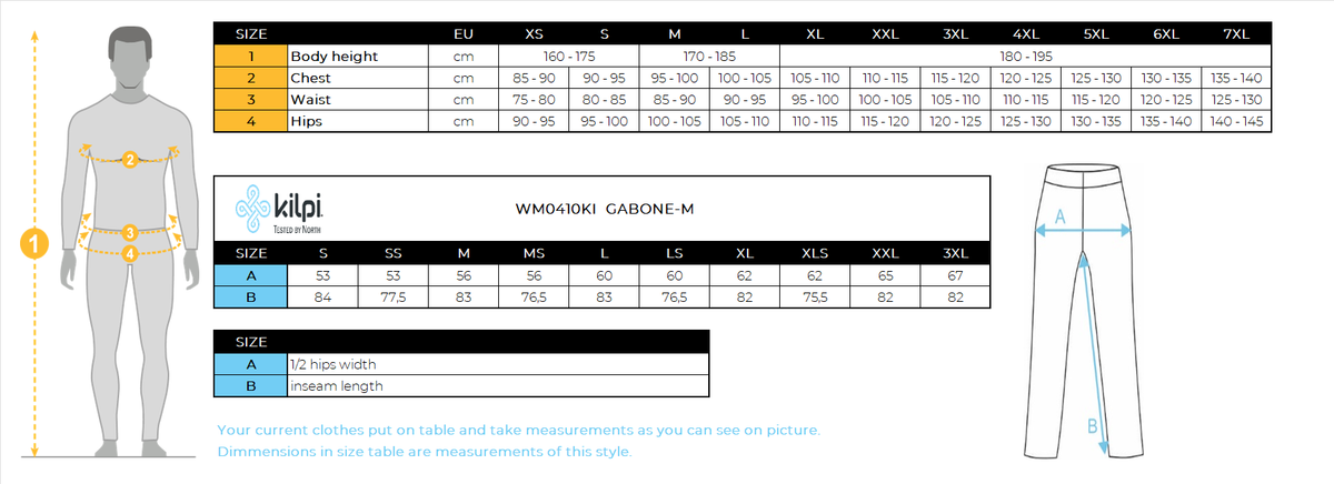Men's ski pants Kilpi GABONE-M – Size chart