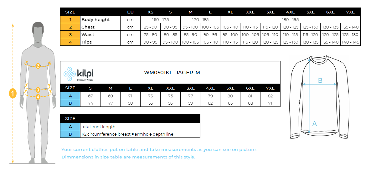 UOMOLa lana merino a maniche lunghe di base strato superiore Kilpi JAGER-M – Size chart