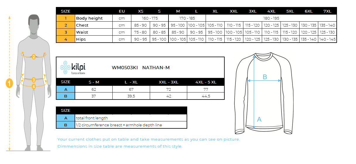 Men's seamless thermal long-sleeve T-shirt Kilpi NATHAN-M – Size chart