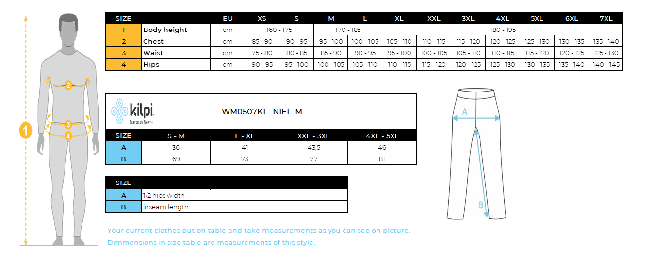 Men's seamless thermal underwear Kilpi NIEL-M – Size chart