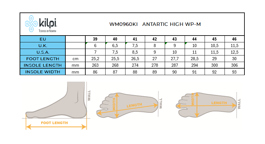 Winter insulated waterproof boots Kilpi ANTARTIC HIGH WP-M – Size chart