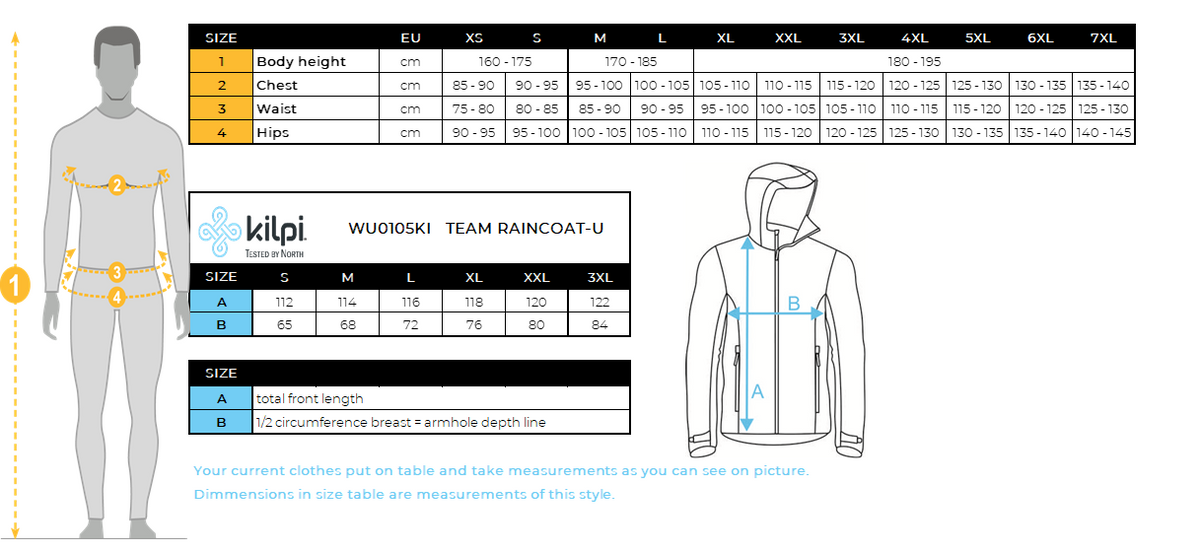 Impermeabile da sci unisex Kilpi TEAM RAINCOAT-U – Size chart