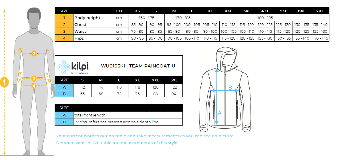 Impermeabile da sci unisex Kilpi TEAM RAINCOAT-U – Size chart