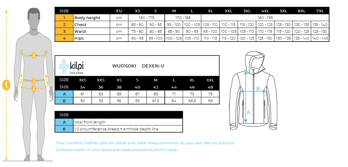 Giacca da sci unisex di alta qualità Kilpi DEXEN-U – Size chart