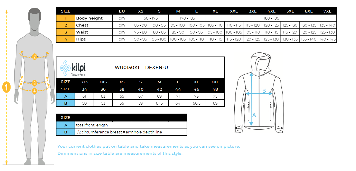 Giacca da sci unisex di alta qualità Kilpi DEXEN-U – Size chart