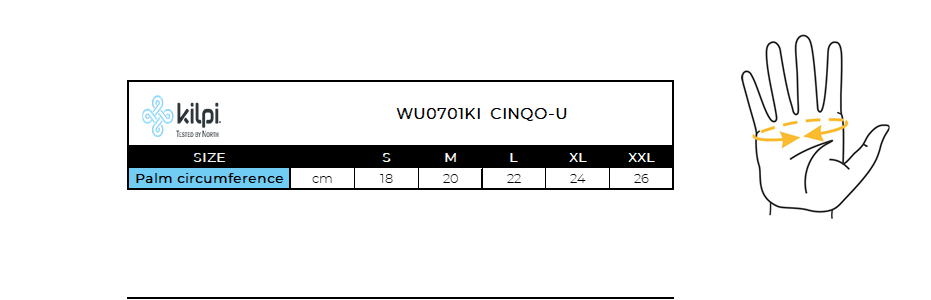 Guanti isolanti Softshell Kilpi CINQO-U – Size chart