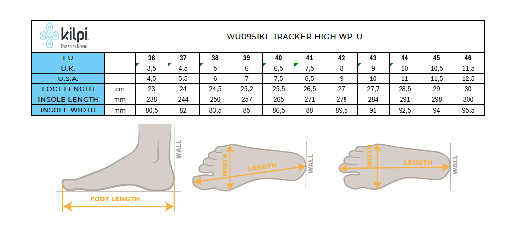 Unisex high outdoor shoes Kilpi TRACKER HIGH WP-U – Size chart