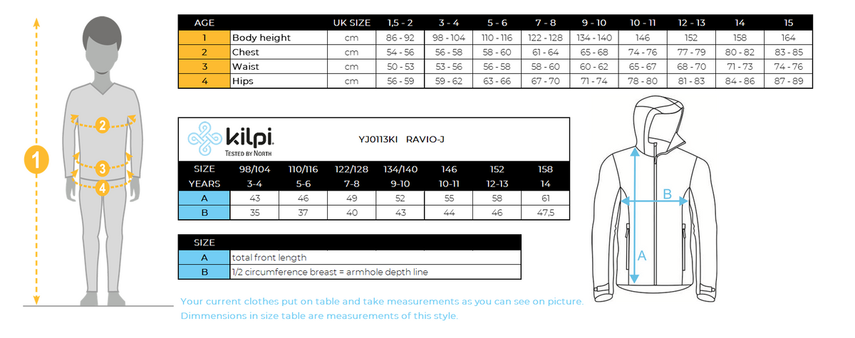 Giacca softshell da bambino Kilpi RAVIO-J – Size chart