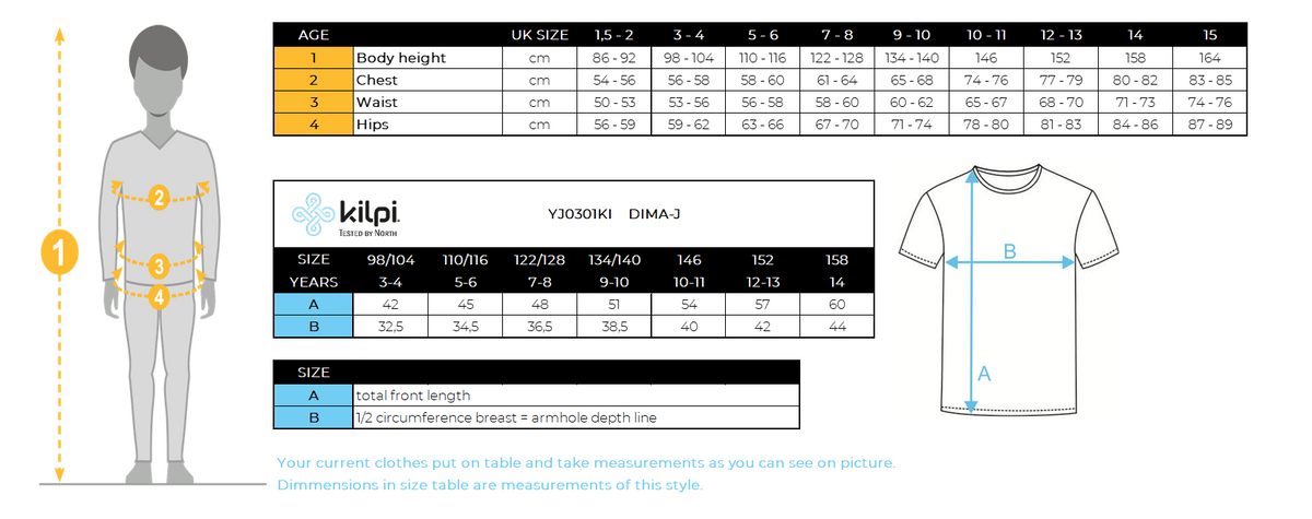 Kid's technical T-shirt Kilpi DIMA-J – Size chart