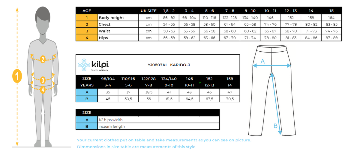 Pantaloni outdoor per bambini Kilpi KARIDO-J – Size chart
