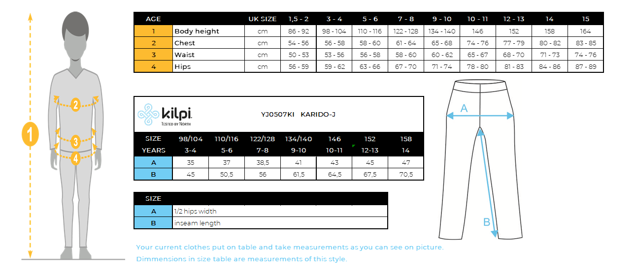 Pantaloni outdoor per bambini Kilpi KARIDO-J – Size chart