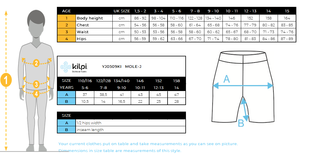 Pantaloncini outdoor per bambini Kilpi MOLE-J – Size chart
