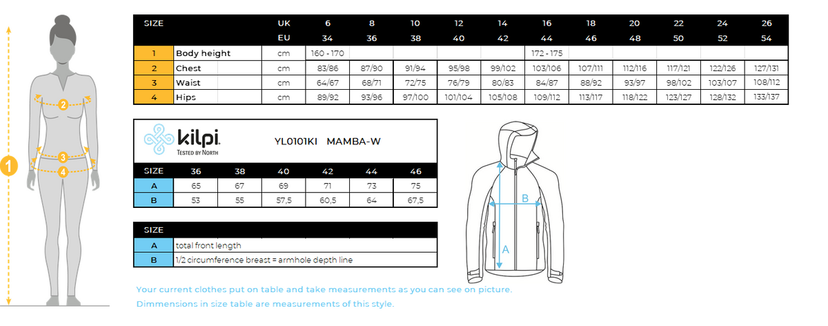DONNAla giacca a membrana Kilpi MAMBA-W – Size chart